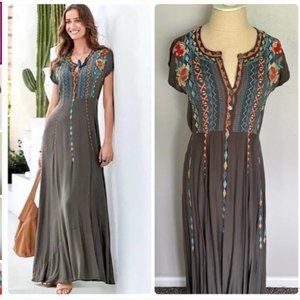 Johnny Was Biya Crozier Rayon Embroidered Maxi Dress, Slate Gray, Size Small